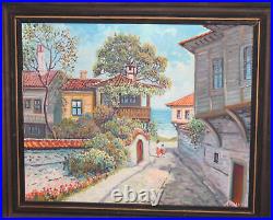1995 Paysage urbain européen de peinture à l'huile signé