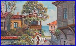 1995 Paysage urbain européen de peinture à l'huile signé