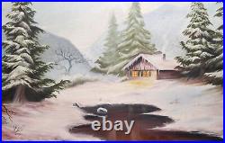 1998 Winter River River Landscape Hut Peinture À L'huile Signée