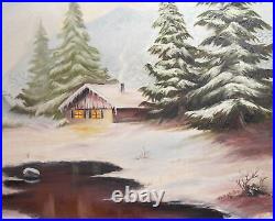 1998 Winter River River Landscape Hut Peinture À L'huile Signée