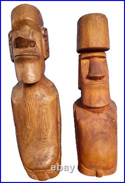 2 Statues Moaï de L'île de Pâques Rapa Nui en Bois Océanie Eastern Island Tiki