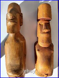 2 Statues Moaï de L'île de Pâques Rapa Nui en Bois Océanie Eastern Island Tiki