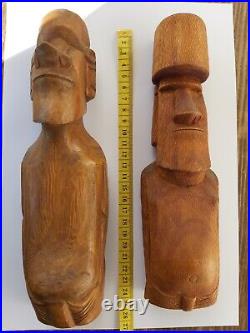 2 Statues Moaï de L'île de Pâques Rapa Nui en Bois Océanie Eastern Island Tiki