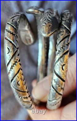 2 bracelet s ethniques berbère maghreb en argent massif gravé à tête de serpent