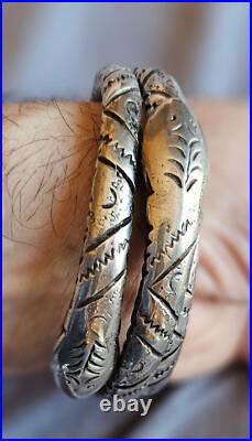 2 bracelet s ethniques berbère maghreb en argent massif gravé à tête de serpent