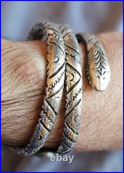 2 bracelet s ethniques berbère maghreb en argent massif gravé à tête de serpent