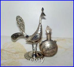2 flacons à KHOL Paon en métal argenté avec écriture Arabe &1 petit Touareg A3