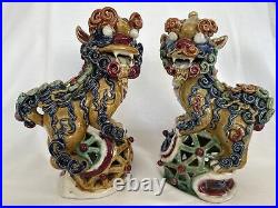 2 sculptures, chiens de Fo, Céramique asiatiques, couleurs