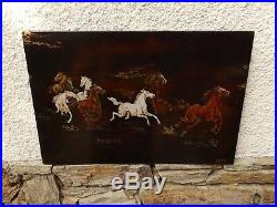 6 Horses Eggshell and lacquer Panel Laque by Maison Thanh Le Vietnam 1970