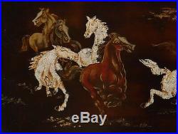 6 Horses Eggshell and lacquer Panel Laque by Maison Thanh Le Vietnam 1970