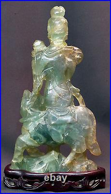 AA art chine belle Guanyin cheval ancien Fluorine quartz vert sculpté 27cm1.6kg