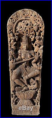 Ancien Panneau bois sculpté statue hindoue Saraswati 184 cm-72 Nepal-Inde