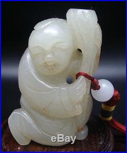 Ancien Pendentif Jade Jadeite Sculpte Enfant Fruit De Lotus Porte Bonheur