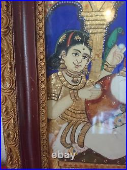 Ancienne Peinture De Tanjore Inde Krishna 18 Siècle Pierre Semi Precieuses