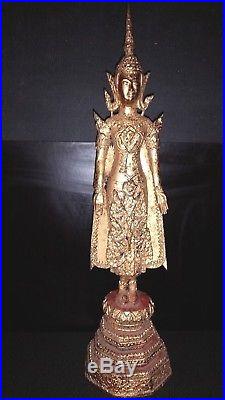 Ancienne Statue Sculpture Bouddha Rattanakosin Bronze Feuille Or Bouddhisme H 47