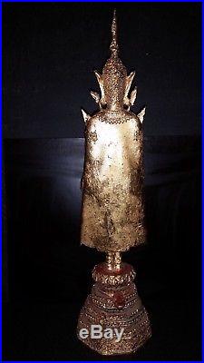 Ancienne Statue Sculpture Bouddha Rattanakosin Bronze Feuille Or Bouddhisme H 47