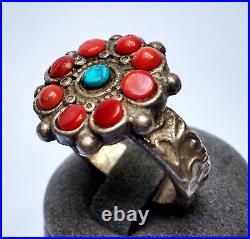 Ancienne bague tibétaine Argent corail turquoise Tibet 19e