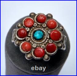 Ancienne bague tibétaine Argent corail turquoise Tibet 19e