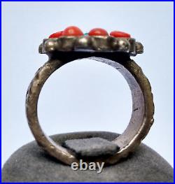 Ancienne bague tibétaine Argent corail turquoise Tibet 19e