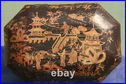 Ancienne boite à thé bois laqué décor peint doré de chine
