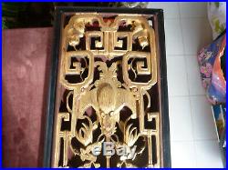 Ancienne paire de panneaux bois doré, chine XIXème, à la chauve souris, 121x30,5cm
