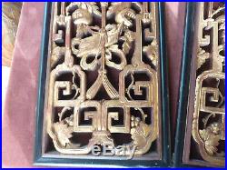 Ancienne paire de panneaux bois doré, chine XIXème, à la chauve souris, 121x30,5cm