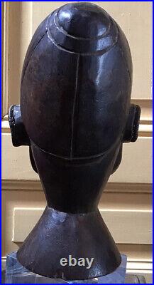 Ancienne tête bois sculpté afrique ethnique incrustations cuivre Splendide