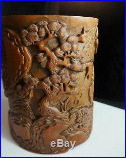 Antique Huge Pot Bambou Chinois Carved Bamboo Brush Pot Chinese Bitong Sculpté