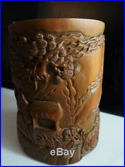 Antique Huge Pot Bambou Chinois Carved Bamboo Brush Pot Chinese Bitong Sculpté