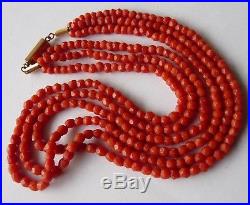 Antique XIX Red Coral Beads Necklace / Collier Ancien Corail Rouge Or Massif 18k