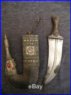 Antique Yemeni Dagger Jambiya Khanjar India buffalo horn silver gold ruby 1916