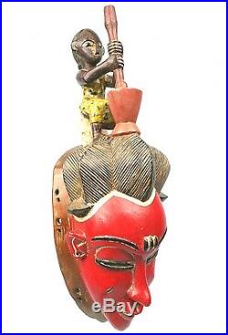 Art Africain Magnifique Masque Gouro Pileuse en Cimier Couleurs Eclatantes