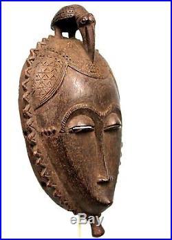 Art Africain Masque Baoulé Sculpture en Bois Finesse Remarquable 27,5 Cms