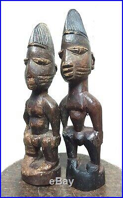 Art Africain Tribal Ancien Paire 2 Statues IBEJI Ibedji Nigeria Figure 26-27cm