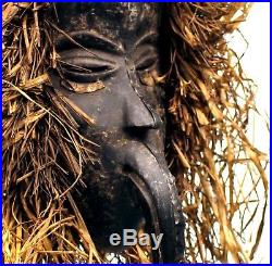 Art Africain Tribal Masque Dan Mahou Plumes & Fibres Végétales 47 Cms +++
