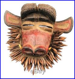 Art Africain Tribal Rare Masque Guéré Phacochère Ornements en Os 36 Cms ++