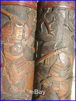 BITONG japonais19 Samurai Warrior Grand Bambou sculpté Brush Pots à pinceaux