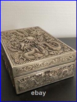 Boite en Argent bas titre Vietnam Dragon soleil Box Silver 290 Grammes