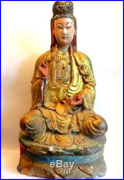 Bouddha En Meditation En Bois Dore Peint- Chine 1800 Ad. Wooden Buddha Statue