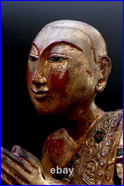 Bouddha ancienne sculpture disciple Sariputta moine en bois Birmanie H31cm