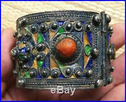 Bracelet Argent Ancien Corail Email Kabyle Antique Moroccan Berber Silver Bangle