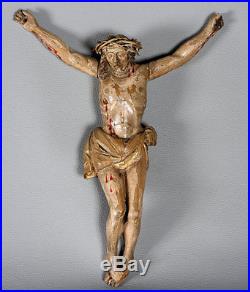 Christ 18 ème en bois sculpté polychrome, avec couronne d'épines, haut 32 cm