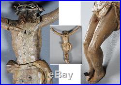 Christ 18 ème en bois sculpté polychrome, avec couronne d'épines, haut 32 cm