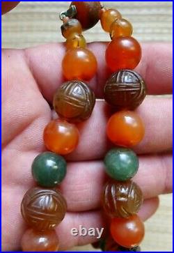 Collier Ancien Perle Ambre Jade Agate Chine Antique Chinese Amber Bead Necklace