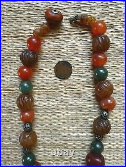 Collier Ancien Perle Ambre Jade Agate Chine Antique Chinese Amber Bead Necklace