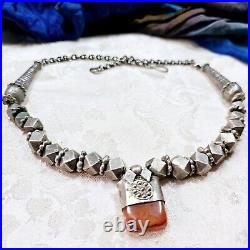 Collier Ethnique Yemenite Argent Et Agate 46 Cm 110g Début Xxe