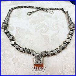 Collier Ethnique Yemenite Argent Et Agate 46 Cm 110g Début Xxe