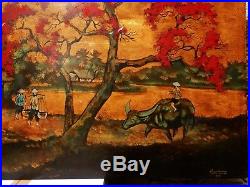 Countryside Scene Lacquer Panel by Than Quang Vietnam 117 60 cms / 1960 1970