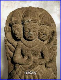 Divinité en Pierre Sculptée Bouddha à Trois Têtes Statue d'Asie Chine Indochine