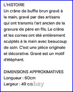 Grand Crne De Buffle D'eau Gris/ Sculpté À La Main/motifs Éléphants/60x49 Neuf